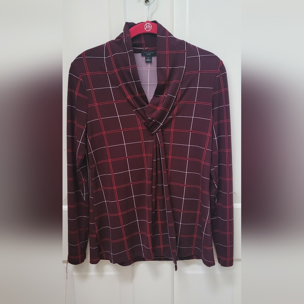 Ann Taylor Factory Shawl Collar Scarf Petite Maroon Long Sleeves Tops XSP
